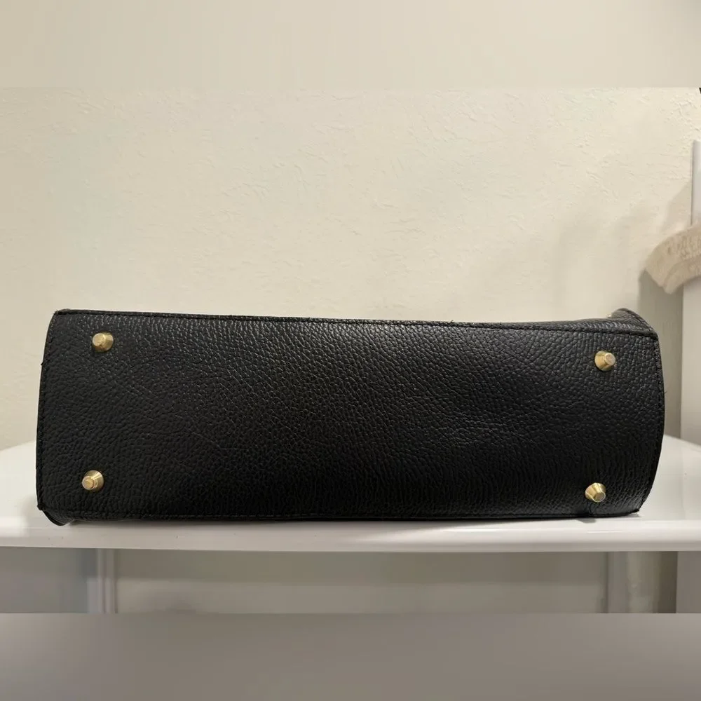 Bevini Modena Black Genuine Leather Tote Crossbody Purse Gold Studs